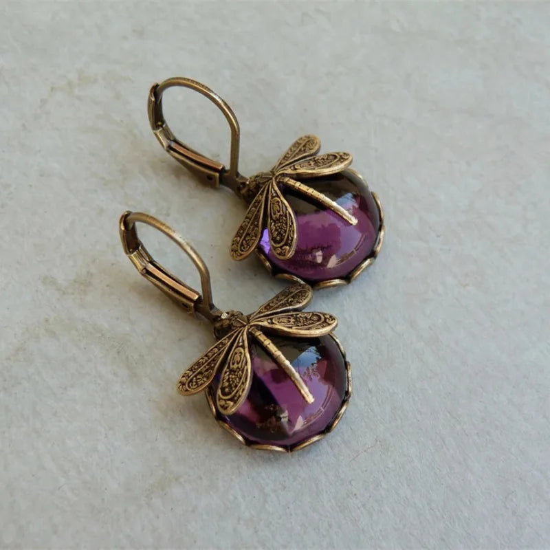 Vintage Bronze Dragonfly Earrings Fashion Gold Color Metal Carving Pattern Inlaid Moonstone Drop Earrings for Women Jewelry