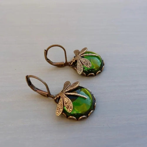Vintage Bronze Dragonfly Earrings Fashion Gold Color Metal Carving Pattern Inlaid Moonstone Drop Earrings for Women Jewelry