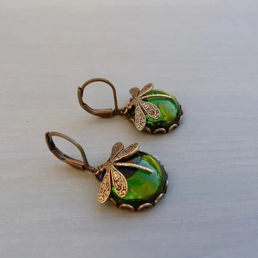 Vintage Bronze Dragonfly Earrings Fashion Gold Color Metal Carving Pattern Inlaid Moonstone Drop Earrings for Women Jewelry