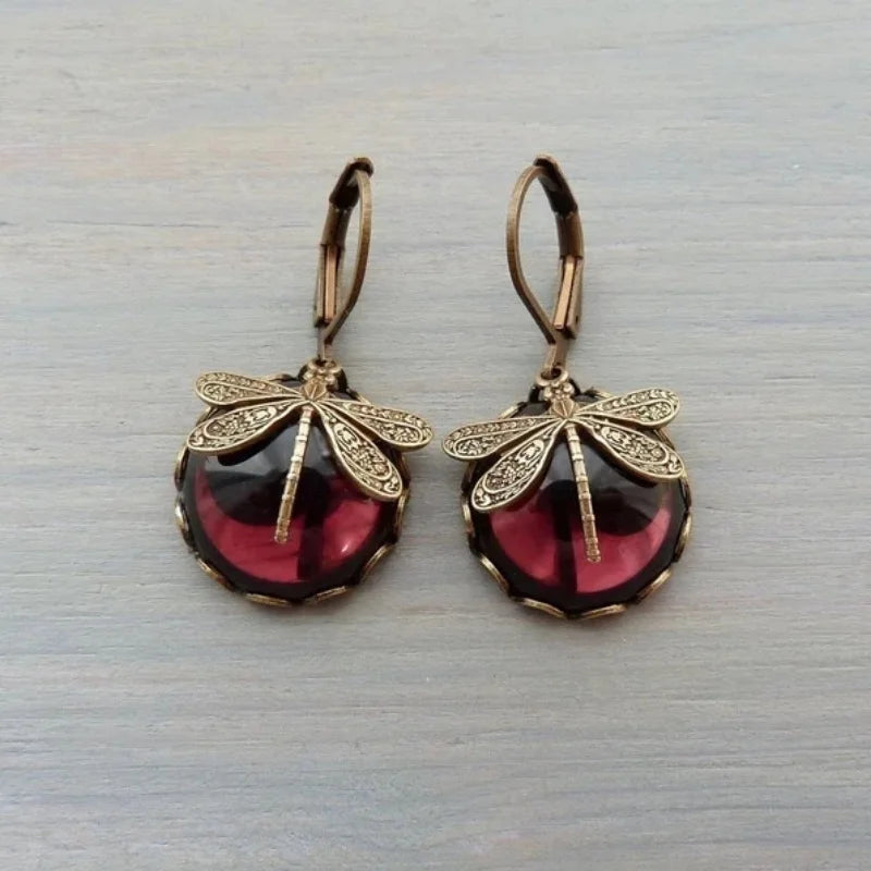 Vintage Bronze Dragonfly Earrings Fashion Gold Color Metal Carving Pattern Inlaid Moonstone Drop Earrings for Women Jewelry
