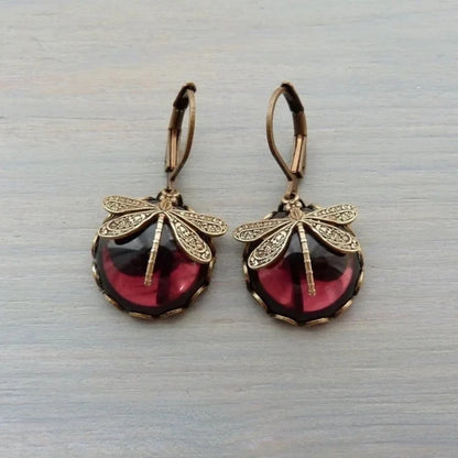 Vintage Bronze Dragonfly Earrings Fashion Gold Color Metal Carving Pattern Inlaid Moonstone Drop Earrings for Women Jewelry