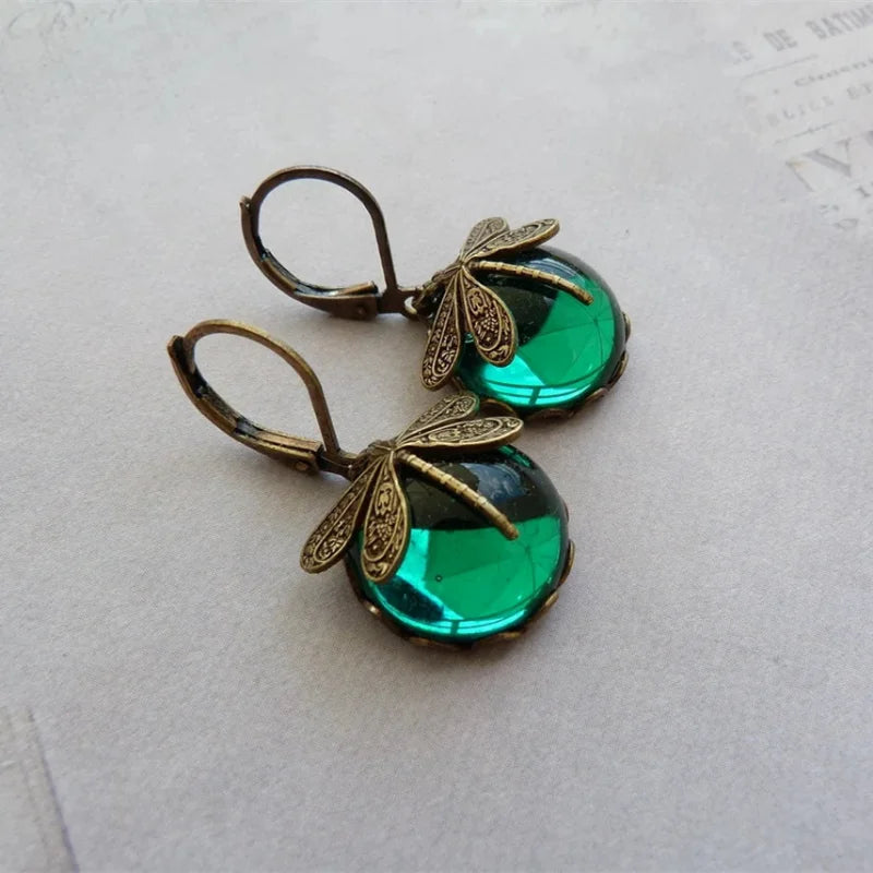 Vintage Bronze Dragonfly Earrings Fashion Gold Color Metal Carving Pattern Inlaid Moonstone Drop Earrings for Women Jewelry