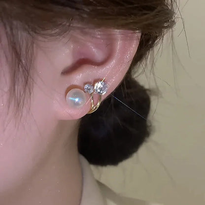 Korean Earing Pearl Claw Ear Hook Clip Earrings for Women Gold Color Zircon Crystal Earrings Fashion Jewelry New Year Gift