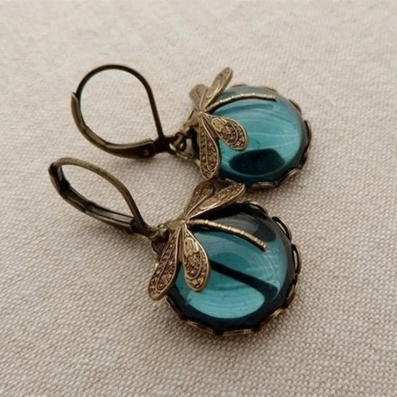 Vintage Bronze Dragonfly Earrings Fashion Gold Color Metal Carving Pattern Inlaid Moonstone Drop Earrings for Women Jewelry